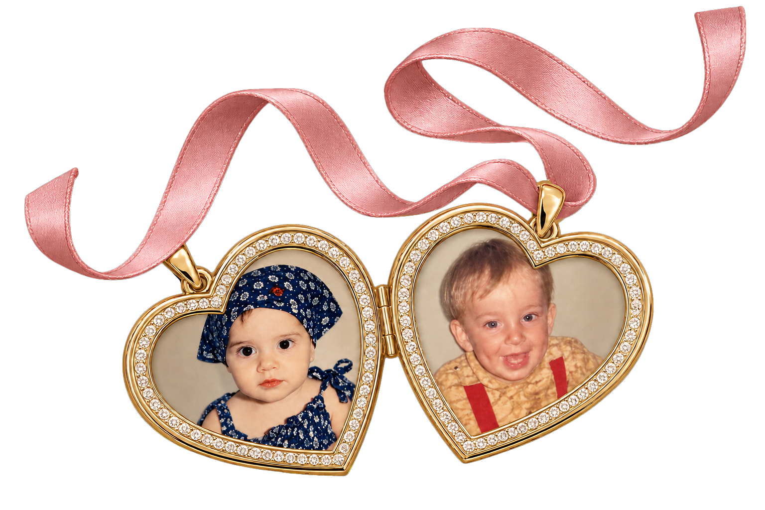 Heart lockets holding childhood photographs of Niel and Karla, joined by a satin ribbon